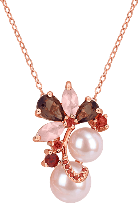 Pink Cultured Freshwater Pearl (7 & 8-1/2mm) & Multi-Gemstone (1 ct. t.w. Smokey Quartz; 3/4 ct. t.w. Rose Quartz; 3/8 ct. t.w. Garnet) Cluster