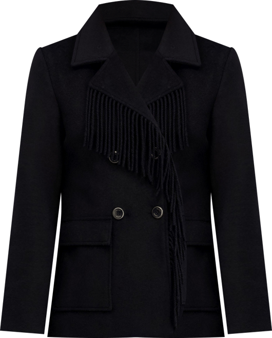 Double Breasted Patch Pocket Faux Wool Jacket with Fringe