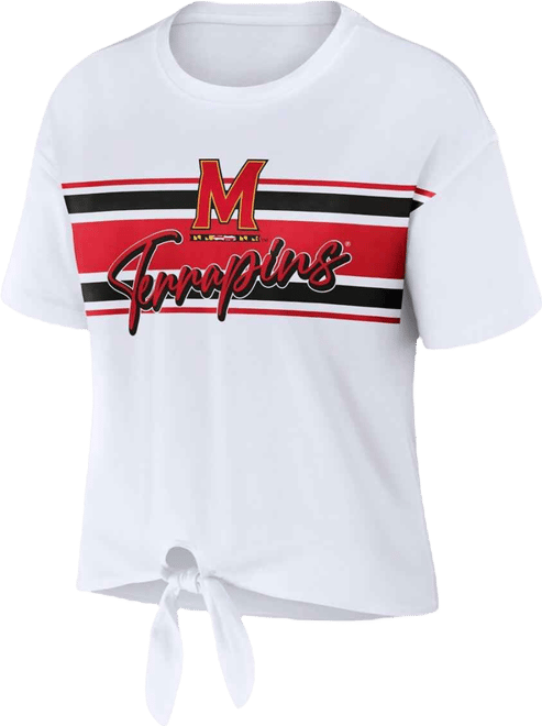 Women'sWhite Maryland Terrapins Striped Front Knot Cropped T-Shirt