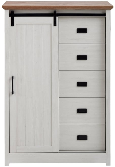 5 Drawers Dresser w/Sliding Barn Door, Farmhouse Modern Tall Dresser 5 Chest of Drawers