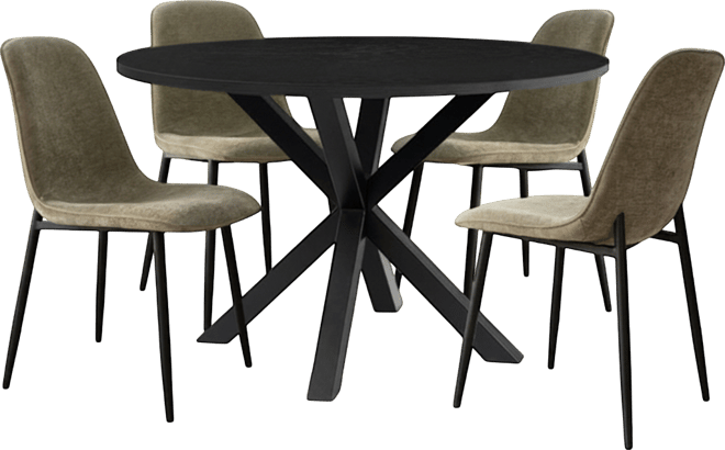 5-Piece 39.4" Round Black Dining Table Set with Starburst Base and 4 Boucle Fabric Chairs with Curved Back and Metal Legs-