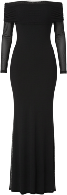 knee length dresses for ladies Ruched Off-Shoulder Mesh-Sleeve Mermaid Maxi Dress - Black main image 1