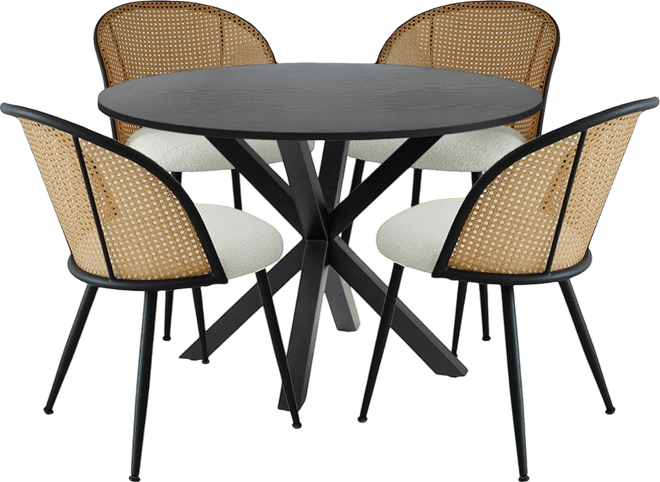 5-Piece Dining Table Set with 39.5 Inch Round Table and 4 Rattan-Inspired Chairs, Compact Kitchen and Dining Furniture–