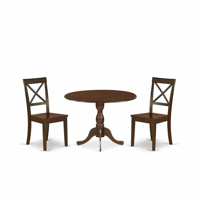 3 Piece Wooden Dining Table Set Contains 1 Drop Leaves Dining Table and 2 Mahogany Wooden Chair with X-Back