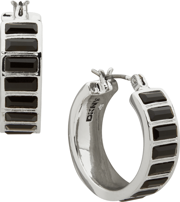 Silver-Tone Polished Jet Stone Hoop Earrings