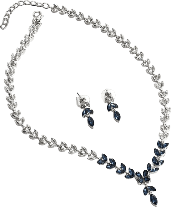 Women's Blue Stone Leaf Necklace And Earrings (Set Of 2)