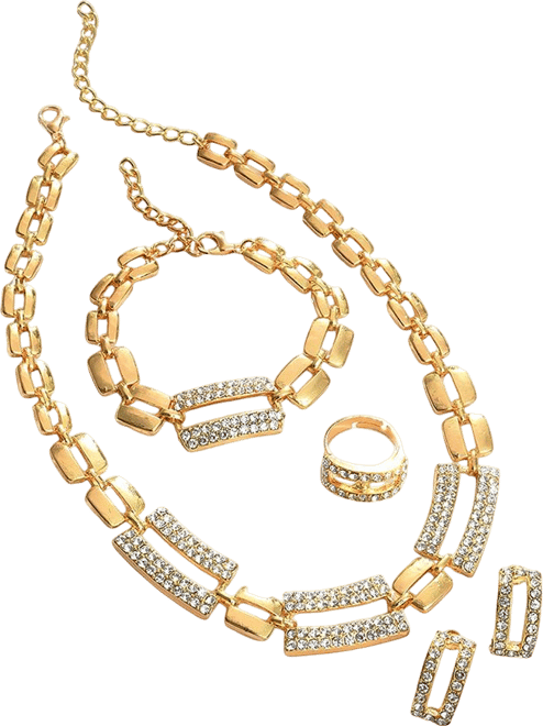Women's Gold Embellished Geometric Necklace, Earrings, Bracelet And Ring (Set Of 4)