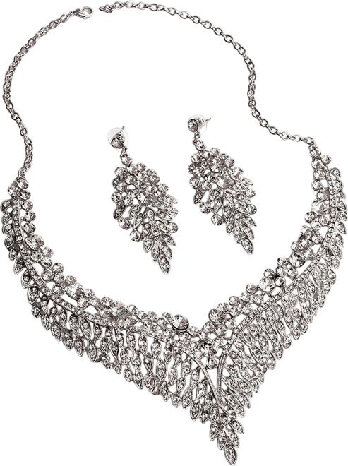 Women's Silver Leaf Bling Cluster Necklace And Earrings (Set Of 2)