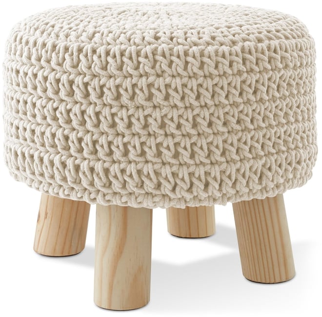 Hand-Knitted Cotton Pouf Ottoman Footstool, 13" Round x 11" High, Boho Accent Footrest with Non-Skid Legs, Foot Stool and Extra Seating