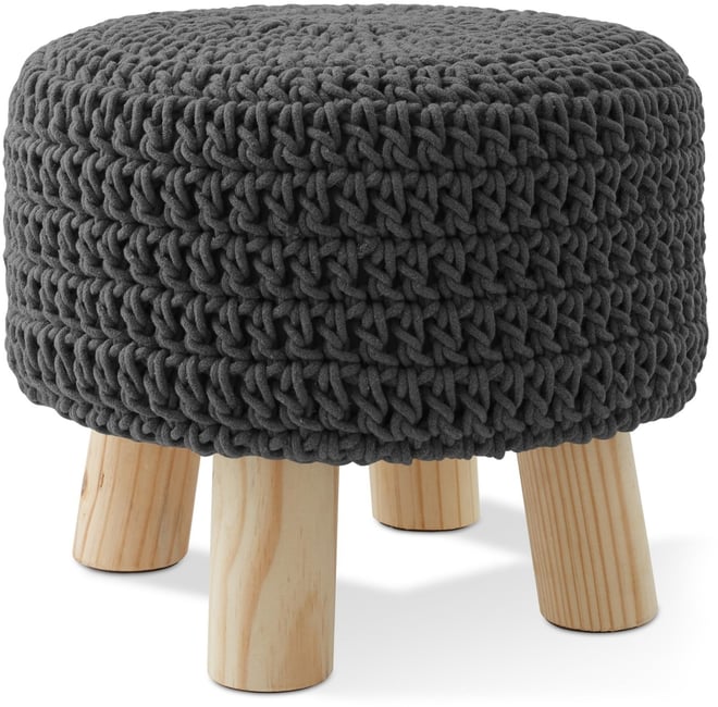 Hand-Knitted Cotton Pouf Ottoman Footstool, 13" Round x 11" High, Boho Accent Footrest with Non-Skid Legs, Foot Stool and Extra Seating