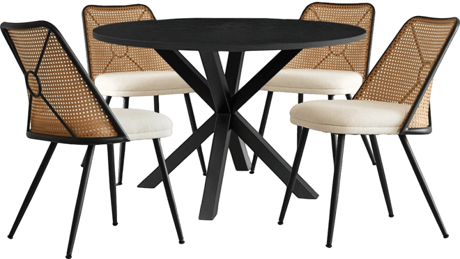 5-Piece 39.4" Round Black Dining Table Set with Starburst Base and 4 Faux Rattan Back Chairs in Mid-Century Modern Style-