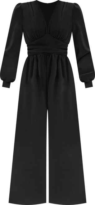 Women's Plunging Long Sleeve Wide Leg Jumpsuit