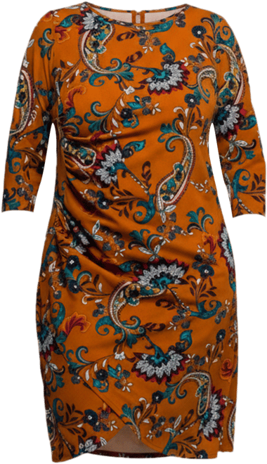 Plus Size Elbow Sleeve Ruched Tulip Fall Print Mini Dress