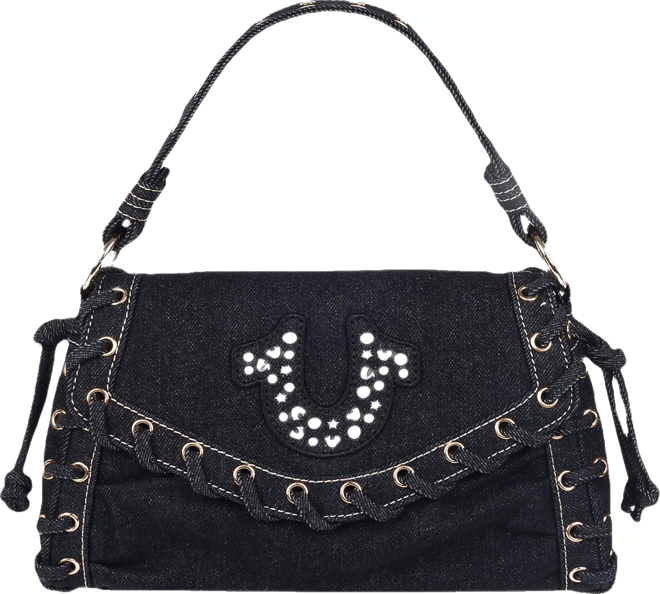 Studded Horseshoe Eyelet Denim Flap Bag