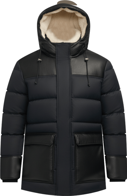 Men's Men s Wolf Mix Media Faux Shearling Parka Puffer with Fixed Hood