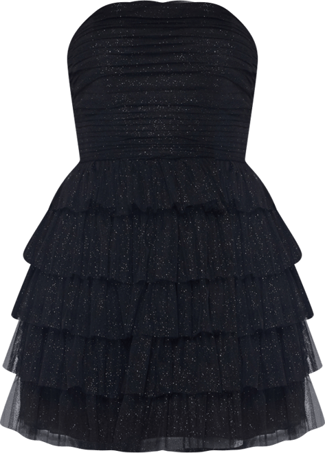 B Darlin Juniors' Strapless Side-Shirred Tiered Glitter Mini Dress