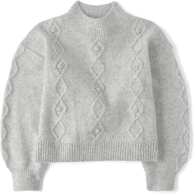 Girls Long Sleeve Faux Pearl Cable Knit Cropped Sweater - GRAY
