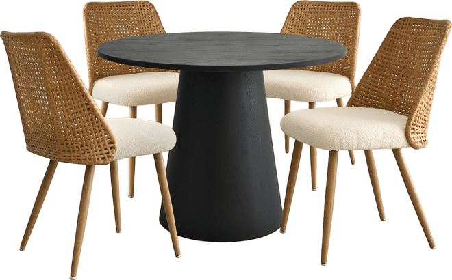 5-Piece 35 Inch Round Dining Set with Pedestal Table and 4 Upholstered Faux Rattan Chairs Elegant Space Saving for Small Rooms-
