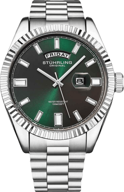 Statesman 4070 Men s Watch – Stainless Steel Bracelet, Green Dial, Day-Date Quartz, 42mm Fluted Bezel