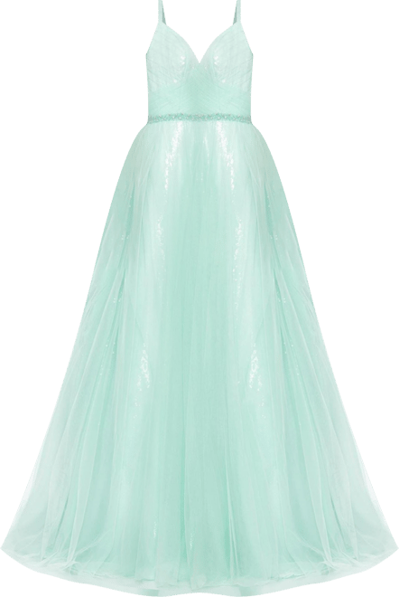 Women's V Neck Mesh Back Detail Ball Gown