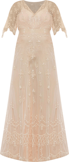 Women's V Neck Flounce Sleeve Embellished Mesh Gown