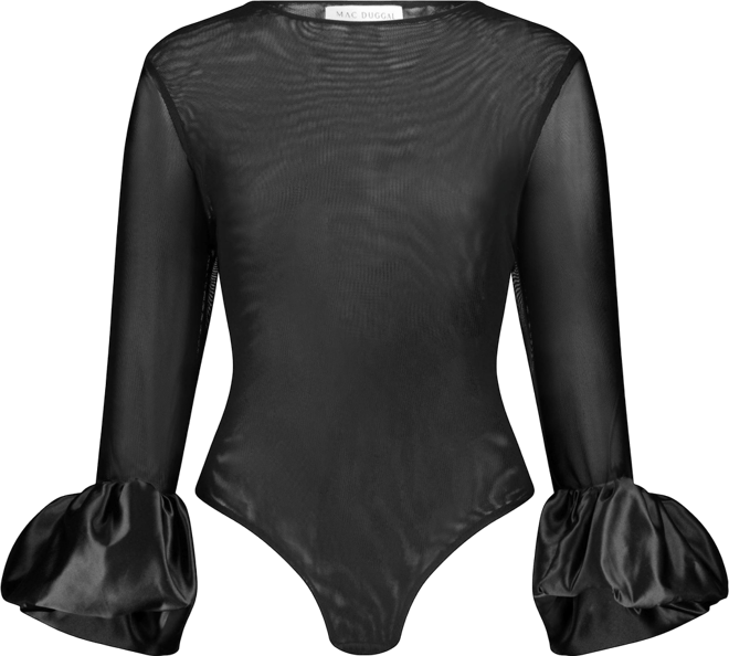 Women's Mesh Long Sleeve Bodysuit With Satin Puff Sleeves