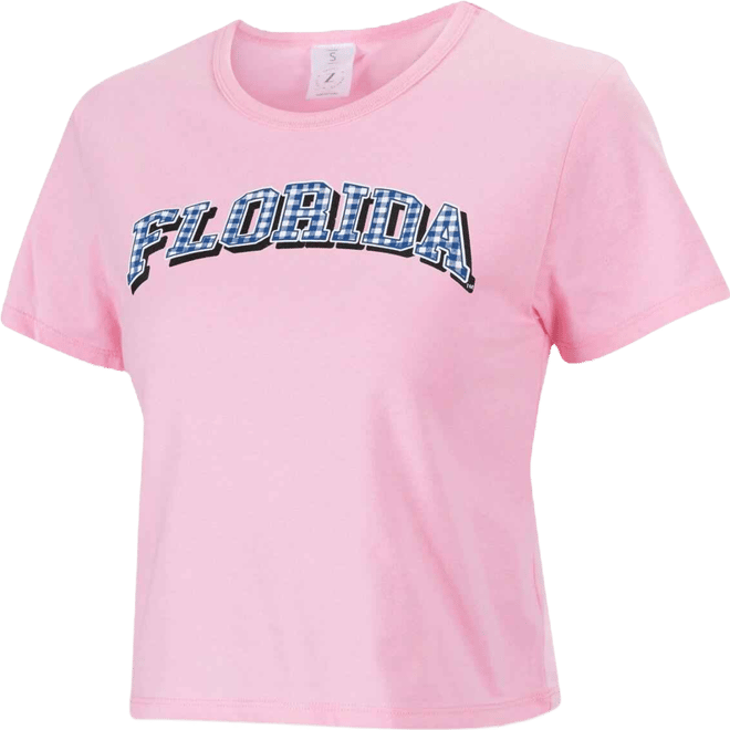 Women's Pink Florida Gators Gingham Logo Cropped T-Shirt