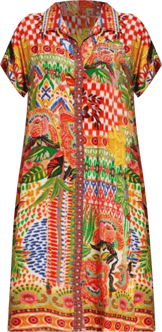 Women's Midi Summer Dress with Collared Neck, Short Sleeves, and Side Slits