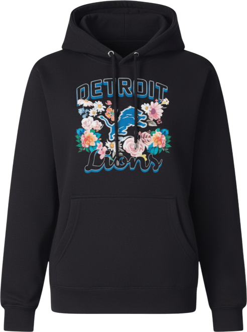Women's Black Detroit Lions Flowers Team Logo Graphic Fleece Pullover Hoodie