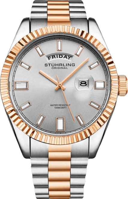 Statesman 4070 Men s Watch – Two-Tone Bracelet, White Dial, Day-Date Quartz, 42mm Fluted Bezel