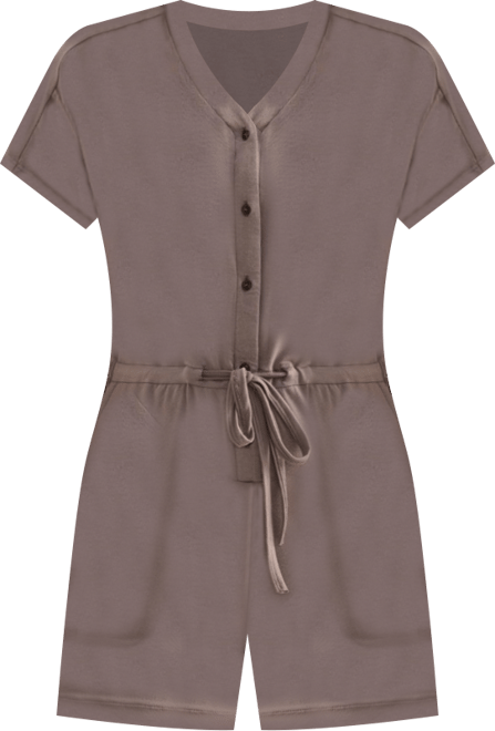 Women's V neck Drawstring Knit Romper in Dusty brown