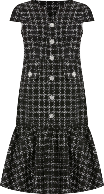 Women's Button Up Cap Sleeve Boucle A Line Midi Dress