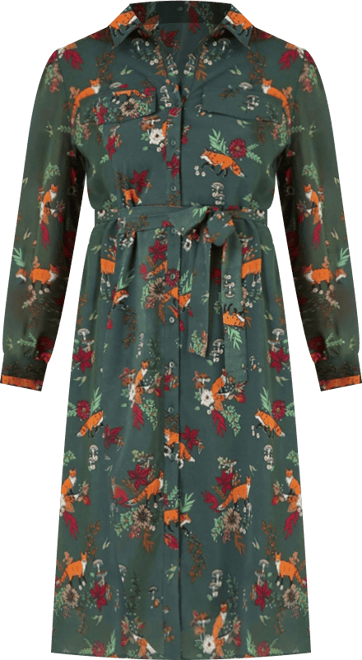 Women's Fox Print Shirt Midi Dress
