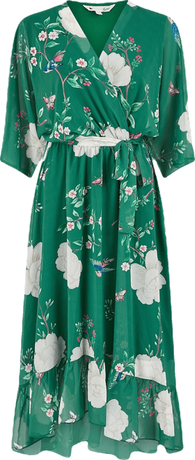 Women's Bird And Floral Print Midi Wrap Dress