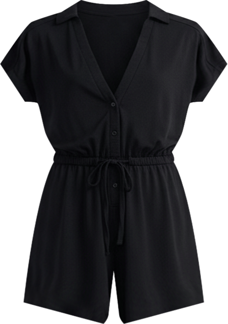 Women's V neck Drawstring Knit Romper in Black