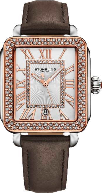 Elegant Women s Rectangular 35×47mm Dress Watch – Model 4060L.5, Rose Gold Crystal Bezel, Silver Case, Brown Leather Strap