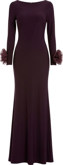 Women's Long Sleeve Fitted Jersey Gown With 3D Flowers
