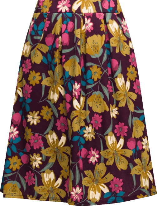 Women's Purple Floral Elastic Waist Pocket Midi Skirt