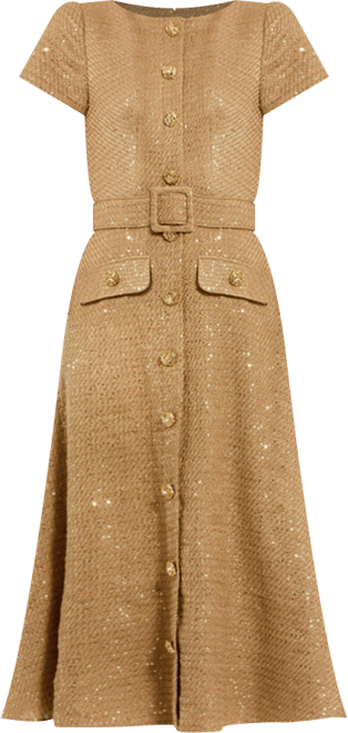 Women's Boucle Cap Sleeve High Neck Button Up Midi Dress