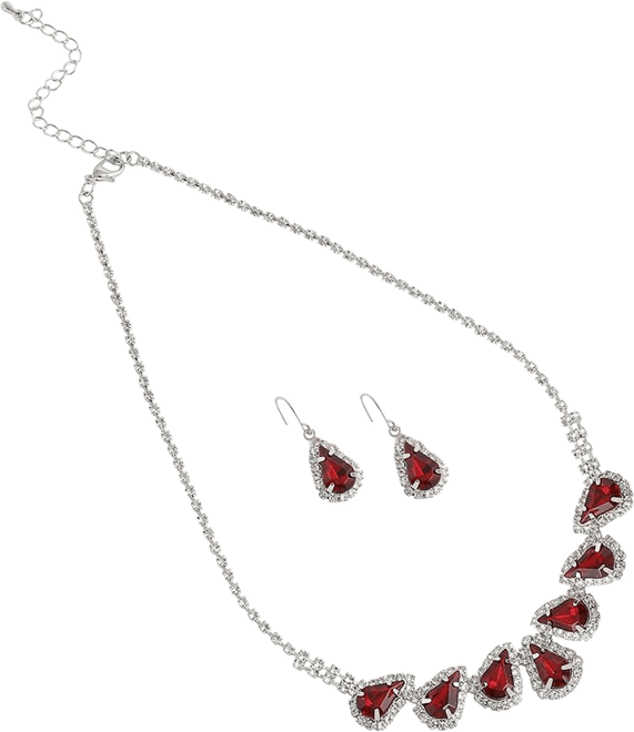 Women's Red Embellished Teardrop Necklace And Earrings (Set Of 2)