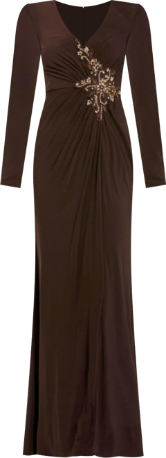 Women's Faux Wrap Long Sleeve Evening Gown with Applique Detail