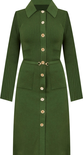 Women's Belted Rib Knit Midi Dress With Pockets