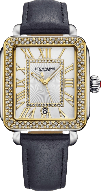 Elegant Women s Rectangular 35×47mm Dress Watch – Model 4060L.4, Gold Crystal Bezel, Silver Case, Blue Leather Strap
