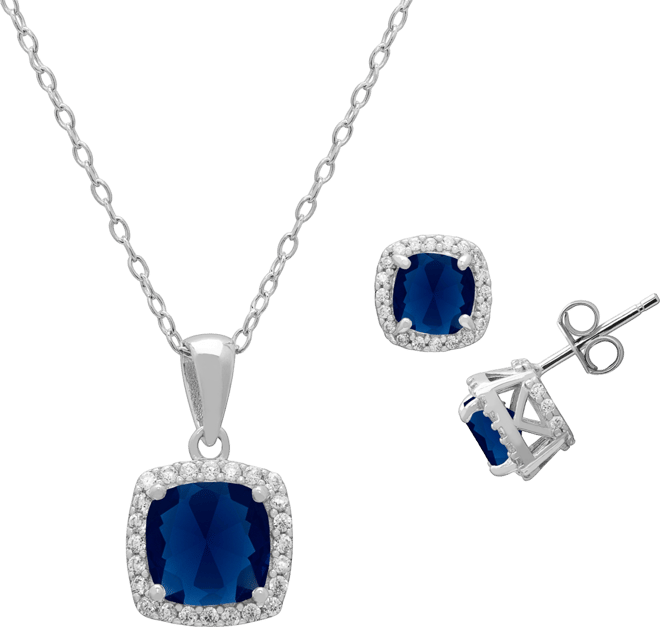 2-Piece Set Lab Grown White Opal (2 ct. t.w.) and Sapphire (5 ct. t.w.) Cushion Halo Pendant Necklace with Matching Earrings in Sterling Silver
