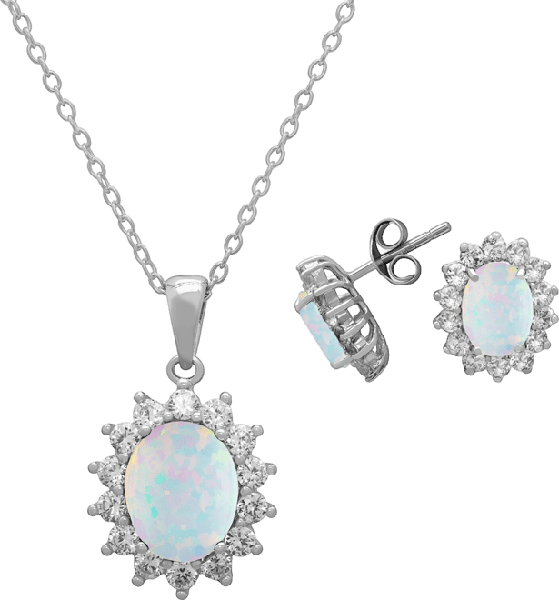 2-Piece Set Lab Grown White Opal (1.50 ct. t.w.) and White Sapphire (3-1/5 ct. t.w.) Lady Di Pendant Necklace with Matching Earrings in Sterlin