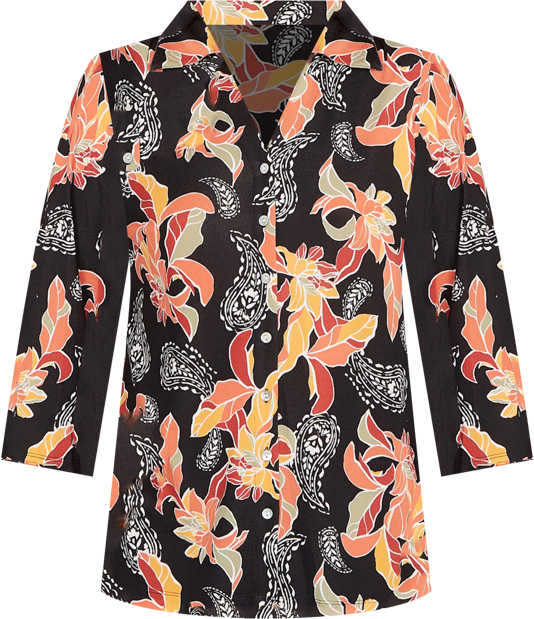 Petite Shirt Collar Floral Paisley Button Front Top