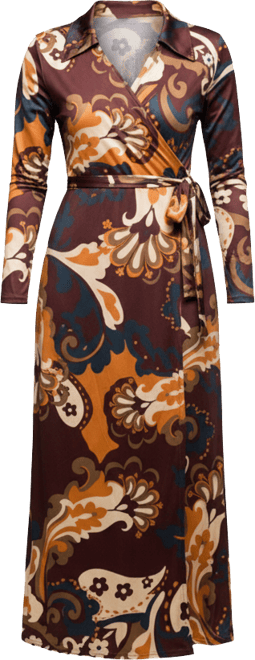 Women's Brown Paisley Belt Waist Maxi Dress