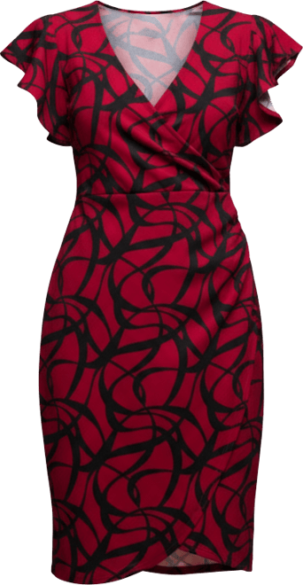 Women's Burgundy Print Flutter Sleeve Faux Wrap Dress