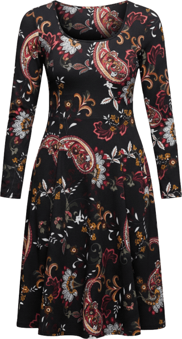 Women's Black Paisley Print Long Sleeve Fit and Flare Dress