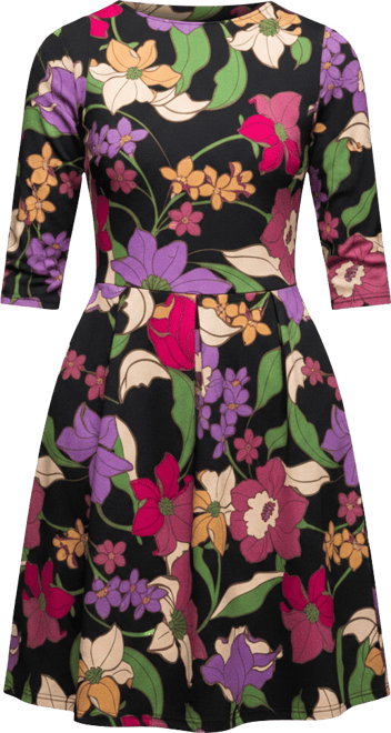 Women's Black Multicolor Floral Fit and Flare Pocket Knee Length Dress